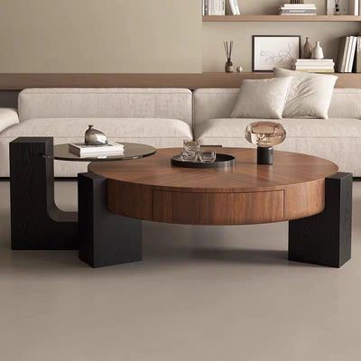 Modern Wooden Coffee Table with Side Top Tempered Glass, Black & Brown
