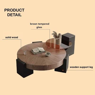 Modern Wooden Coffee Table with Side Top Tempered Glass, Black & Brown