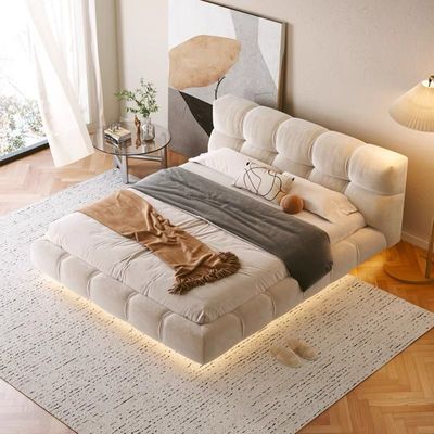 Kira Cloud Style Luxury Bed Frame Made with Velvet Fabric, Beige