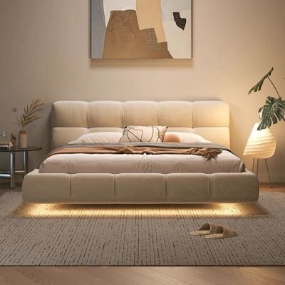 Kira Cloud Style Luxury Bed Frame Made with Velvet Fabric, Beige