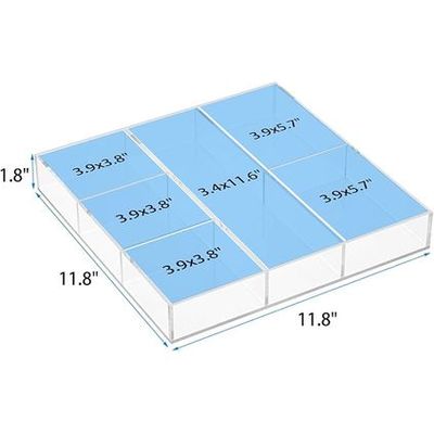 Acrylic Drawer Organizer, 6 Section Clear Makeup Tray Organizer for Drawer Office Bedroom(11.8x11.8 inch)