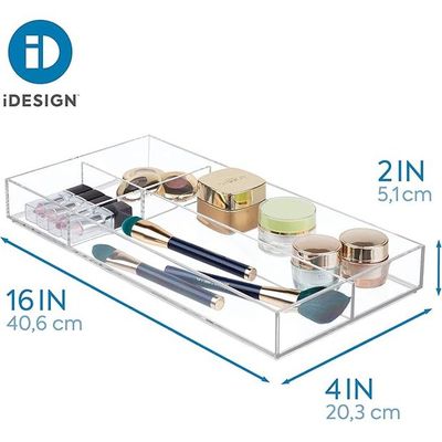 Clarity Plastic Divided Drawer Organizer, Storage Container For Vanity, Bathroom, Kitchen Drawers, 8" X 16" X 2", Clear,40850
