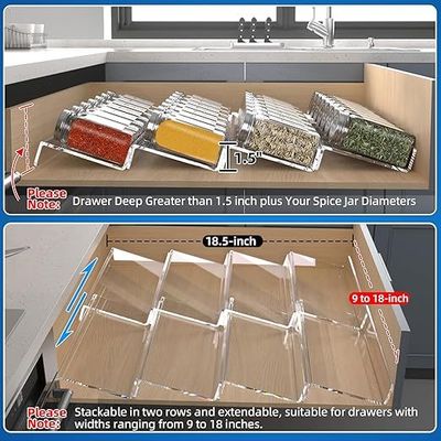 Clear Acrylic Spice Drawer Organizer, 4 Tier- 2 Set Expandable From 9" to 18" Seasoning Jars Drawers Insert, Kitchen Spice Rack Tray for Drawer/Countertop (Jars not included)