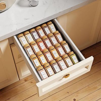 Spice Drawer Organizer, 9 Pcs Clear Acrylic In Drawer Seasoning Jars Rack, Expandable From 8" to 24" Kitchen Cabinets/Countertop Drawer Spice Rack Tray (Fit Small Drawer)
