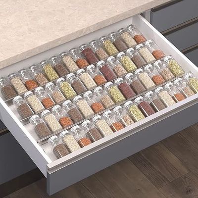 Spice Drawer Organizer, 9 Pcs Clear Acrylic In Drawer Seasoning Jars Rack, Expandable From 8" to 24" Kitchen Cabinets/Countertop Drawer Spice Rack Tray (Fit Small Drawer)