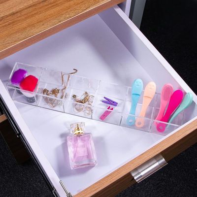 Clear Drawer Organizer, 6 Compartments Acrylic Organizer Durable Plastic Square Cube Storage Bin for Makeup, Jewelry, Pen, Small Items, 15x2.5x2.6inches