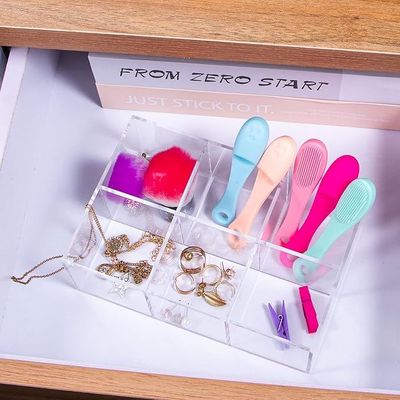 Clear Drawer Organizer, 6 Compartments Plastic Bathroom Storage Organizer Acrylic Square Cube Container for Vanity, Drawers, Makeup Accessories 7.5x2.5x2.6inches