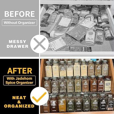 Clear Acrylic Spice Drawer Organizer, 4 Tier- 2 Set Seasoning Jars Drawers Insert, Expandable From 11" to 22", Kitchen Spice Rack Tray for Drawer/Countertop (Jars not included)