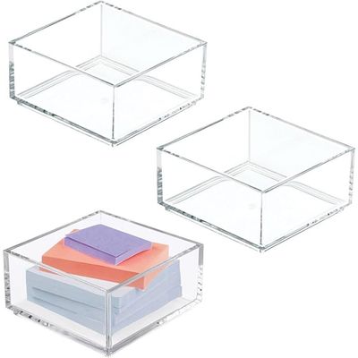 Plastic Square Desk Organizer - Create Section for Home Office Drawers, Desktop - Holds Pens, Paper Clips, Notebooks and other Office Supply Accessory - Lumiere Collection - 3 Pack, Clear