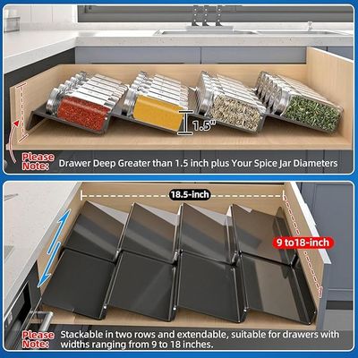 Black Spice Drawer Organizer, 4 Tier- 8 Pack Acrylic Drawer Seasoning Organizer, Expandable From 9'' to 18''Kitchen Spice Rack Tray for Drawer/Countertop (Jars not included)