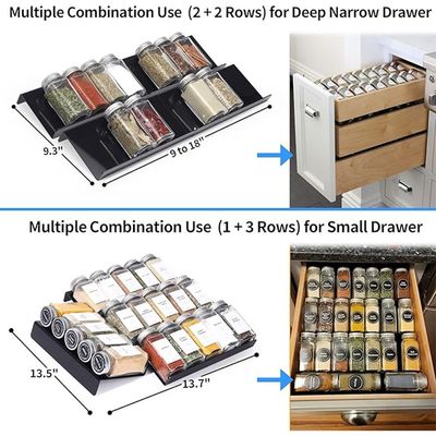 Black Spice Drawer Organizer, 4 Tier- 8 Pack Acrylic Drawer Seasoning Organizer, Expandable From 9'' to 18''Kitchen Spice Rack Tray for Drawer/Countertop (Jars not included)