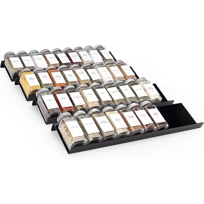 Black Spice Drawer Organizer, 4 Tier- 8 Pack Acrylic Drawer Seasoning Organizer, Expandable From 9'' to 18''Kitchen Spice Rack Tray for Drawer/Countertop (Jars not included)