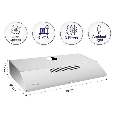Super General Stainless Steel Cooker-Hood, Slim Range-Hood with Removable Filters, 5 knobs and light, Silver, SGHD-95-SS, 90 x 50 x 15 cm, 1 Year Warranty