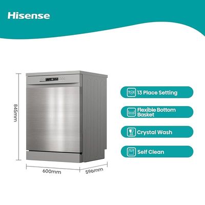 Hisense HS622E90X 13 place settings, 2 baskets, 8 Programs,3 in 1 with self clean and Dry, Cutlery basket, Water overflow consumption.