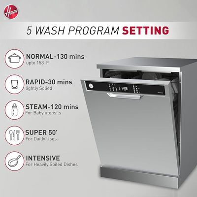Hoover Freestanding Dishwasher, 12 Place Settings, 5 Programs, Push Button, Delay Start, Half Load Cleaning, Child Safety Lock, Quiet Operation, 1 Year Warranty ,Made in Turkey - Inox - HDW-V512-S