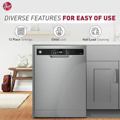 Hoover Freestanding Dishwasher, 12 Place Settings, 5 Programs, Push Button, Delay Start, Half Load Cleaning, Child Safety Lock, Quiet Operation, 1 Year Warranty ,Made in Turkey - Inox - HDW-V512-S