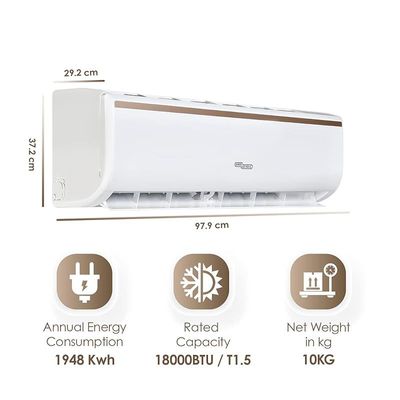 Super General 1.5 Ton Split Air Conditioner, 18000 BTU, Rotary Compressor, Auto Restart, Gold Fin, 4-way swing, SGS-181-KE, White - 97.9 x 37.2 x 29.2 cm, 1 Year Warranty