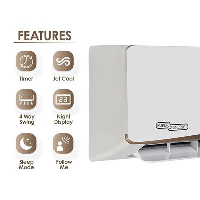 Super General 1.5 Ton Split Air Conditioner, 18000 BTU, Rotary Compressor, Auto Restart, Gold Fin, 4-way swing, SGS-195-GE, White - 96.5 x 21.5 x 31.9 cm, 1 Year Warranty