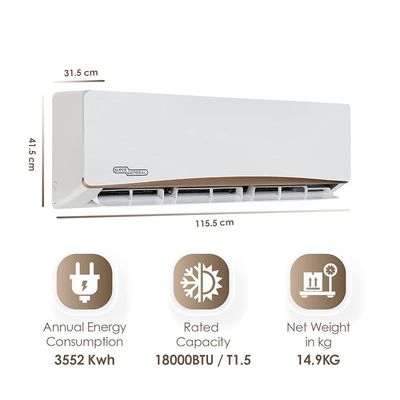 Super General 1.5 Ton Split Air Conditioner, 18000 BTU, Rotary Compressor, Auto Restart, Gold Fin, 4-way swing, SGS-195-NE, White - 115.5 x 41.5 x 31.5 cm, 1 Year Warranty