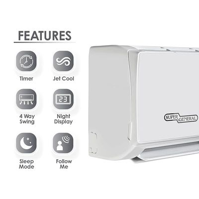 Super General 2.5 Ton Split Air Conditioner, 32000 BTU, Reciprocating Compressor, Auto Restart, Gold Fin, 4-way swing, SGS-320-HE, White - 134 x 45 x 38 cm, 1 Year Warranty