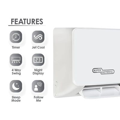 Super General 1.5 Ton Split Air Conditioner, 18000 BTU, Reciprocating Compressor, Auto Restart, Gold Fin, 4-way swing, SGS-191-HE, White - 104.5 x 30.5 x 40.5 cm, 1 Year Warranty