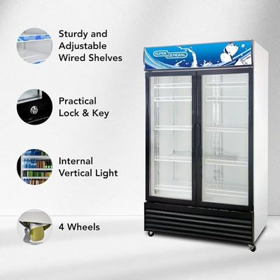 Super General 800 Liter Gross Double-Door Chiller, Upright Beverage-Showcase, Energy-saving, Low-noise, White/Black, SGSC818IF, 94 W cm x 61.5 D cm x 198 H cm, 1 Year Warranty