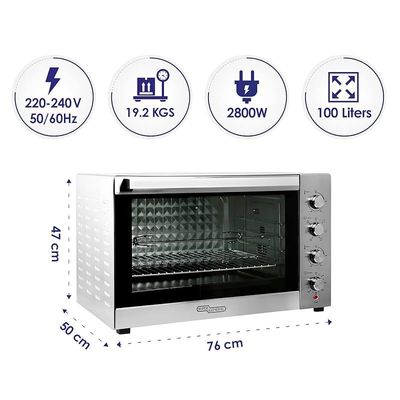 Super General 100 Liter Stainless Steel Electric Oven, Rotisserie-Grill, Convection-Oven, Thermostat, Timer, SGEO-101-TRC, Black/Silver, 76 x 50 x 47 cm, 1 Year Warranty