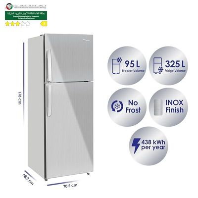 Super General 510 Liters Gross Double Door Refrigerator-Freezer, No-Frost, Multi-Flow-Cooling, Lock &amp; Key, Inox finish, SGR-510-l, 68.2 x 70.5 x 178 cm, 1 Year Warranty