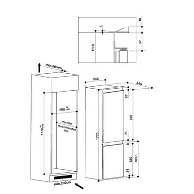 Ariston Built In Refrigerator 258 Liters, 2 Doors Fridge With Bottom Freezer &amp; Right Reversible Door Hinge, LED Interior Light, 7 Segments Electronic Control, Made In Italy, White, BCB7030DEX