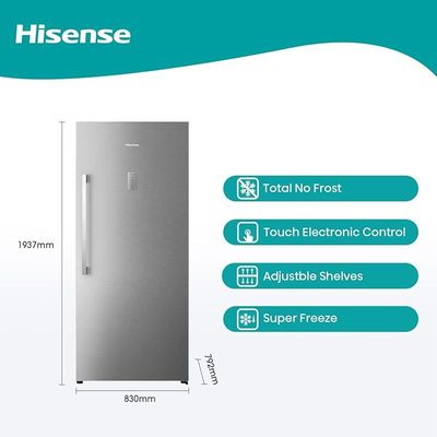 Hisense Freestanding Upright 592L Freezer, Super Freeze, Total No Frost, Touch Electronic Control, 83x79.2x193.7 cm (LxWxH), Silver Model FV769N4ASUD, 1 Year Full &amp; 5 Years Compressor Warranty