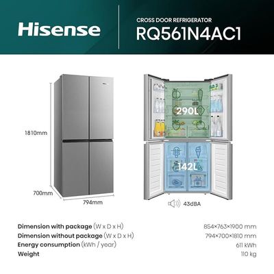 Hisense RQ561N4AC1 432 Four Door Refrigerator, No Frost Technology, Silver, 1 Year Warranty