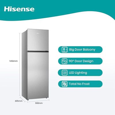 Hisense RT328N4DGN-Top Mount Referigerator Top Freezer 250L Net Capacity Fridge, Big Door Balcony, No Frost, LED Interior Light,Deodorizing Filter,Multi Air Flow, 90Â°Door Design, Silver