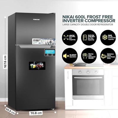 Nikai 600L Gross &amp; 413L Net Double Door No Frost Top Mount Refrigerator, Digital Display, Silent &amp; Energy Efficient, Inverter Compressor Big Fridge, Frost-Free, Best for Home &amp; Kitchen - NRF601FSSINV