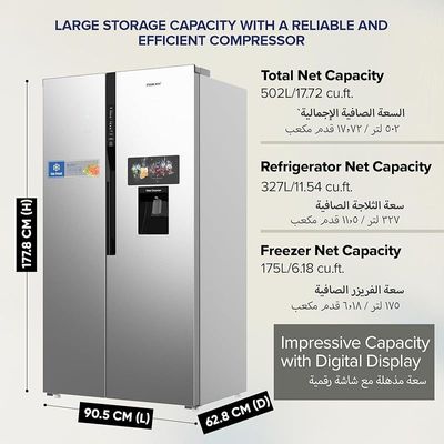 Nikai 800L Gross, 502L Net Side-by-Side Refrigerator, Frost Free, R600a Refrigerant, Internal Condenser, Water Dispenser, Silent Operation, Efficient Tropical Compressor - NRF800SBSD5 Silver