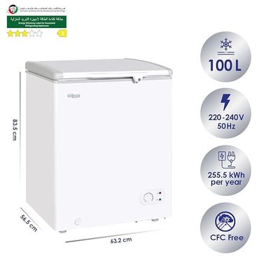 Super General Chest-Freezer 150 Liter Gross Volume, SGF-155-H, White, Compact Deep-Freezer with Storage-Basket, Lock &amp; Key, Wheels, 63.2 x 56.5 x 83.5 cm, 1 Year Warranty