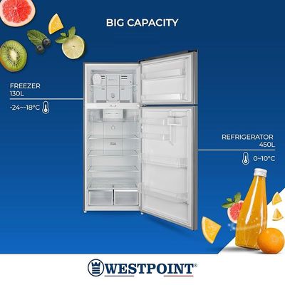 Westpoint 700 Liters Double Door Refrigerator, Frost Free, 2 Vegetable Drawers, Fresh Zone Compartment, Twister for Ice Cubes, One Year Warranty, Stainless Steel WNN-7023EIV