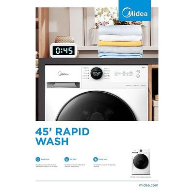 Midea 10KG Front Load Smart Washing Machine with Lunar Dial, 1400 RPM, 14 Programs, Fully Automatic Washer with Wide Door, Digital LED Display, Child Lock, Steam Care, Wi-Fi Connectivity, MF200W100WBW