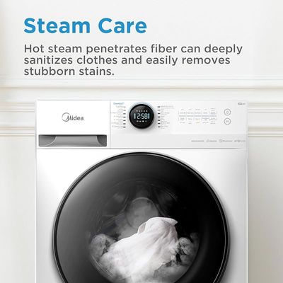 Midea 8/6 KG Smart Washer Dryer With BLDC Inverter Motor, 1400 RPM, Fully Automatic Front Load Washing &amp; Drying Combo, 14 Programs-Quick Wash/Steam Care/Auto Clean, White - MF200D80WBW-GCC