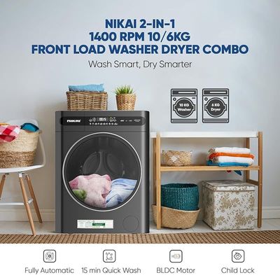 Nikai 10/6 Kg Front Load Washer Dryer with 18 Programs, Fully Automatic washing machine with Energy Saving BLDC Inverter Motor, Touch Panel â€“ One Touch Washing Program, Child Lock - NWM1106FDS