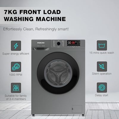 Nikai 7KG 16 Programs Front Load Washer, Steam Wash, 1000 RPM, 4 Star Energy Saving, Fully Automatic Washing Machine, Digital LCD Display, Child Lock, Best for Home &amp; Small Family - NWM701FN9S Silver