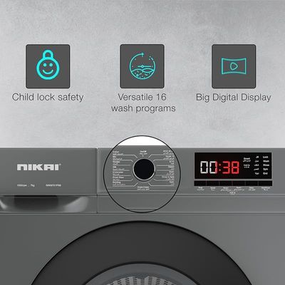 Nikai 7KG 16 Programs Front Load Washer, Steam Wash, 1000 RPM, 4 Star Energy Saving, Fully Automatic Washing Machine, Digital LCD Display, Child Lock, Best for Home &amp; Small Family - NWM701FN9S Silver