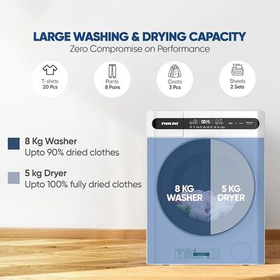 Nikai 8/5 Kg Front Load Washer Dryer, Fully Automatic washing machine with Energy Saving BLDC Inverter Motor, Touch Panel â€“ One Touch Washing Program, Child Lock - NWM805FDW