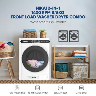 Nikai 8/5 Kg Front Load Washer Dryer, Fully Automatic washing machine with Energy Saving BLDC Inverter Motor, Touch Panel â€“ One Touch Washing Program, Child Lock - NWM805FDW