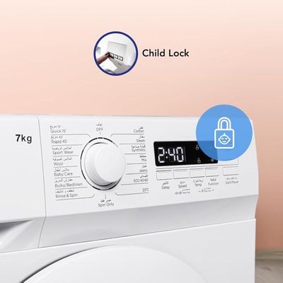 Super General 7 Kg Front Load Washing Machine SGW7250NLED, LED Display, 15 Wash Programs, Drum Clean, Child Lock, 59.5 W cm x 40 D cm x 85 H cm