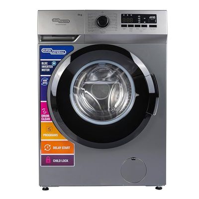 Super General 8 kg Front-Load Washing Machine with Inverter Motor SGW8250NLEDS, 1400 RPM, Energy-Saving, Silver, 23 Programs, 10-Year Motor Warranty