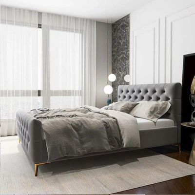 Alaysia Stitched Button Tufted Velvet Fabric Bed L215 x W200 x H110 - Light Grey