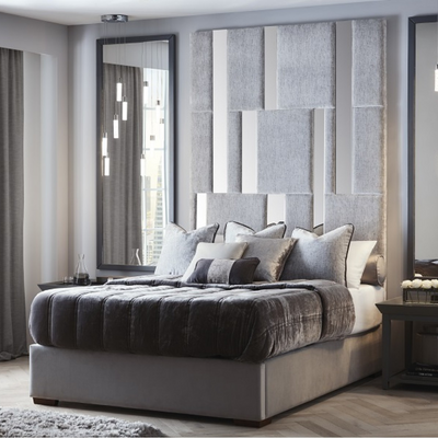 Carme Modern Wall Panel Mirror Velvet Fabric Bed L230 x W220 x H180 - Grey