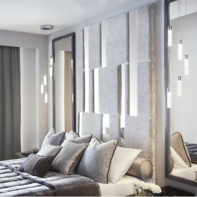 Carme Modern Wall Panel Mirror Velvet Fabric Bed L230 x W220 x H180 - Grey