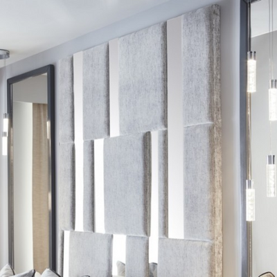 Carme Modern Wall Panel Mirror Velvet Fabric Bed L230 x W220 x H180 - Grey