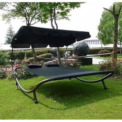 Tidyard Patio Lounge Bed with Canopy and Pillows Oxford Fabric Sun Bed Steel Frame for Pool, Patio, Balcony, Garden, indoor and Outdoor Furniture L170 x W160 x H210 - Black